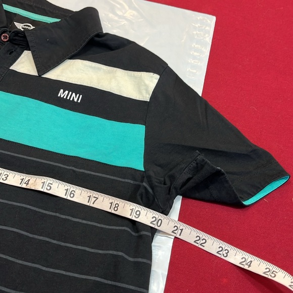Mini Cooper BLACK Polo Shirt GRAY STRIPES Aqua white wide stripes COTTON mens Lg - Picture 7 of 12